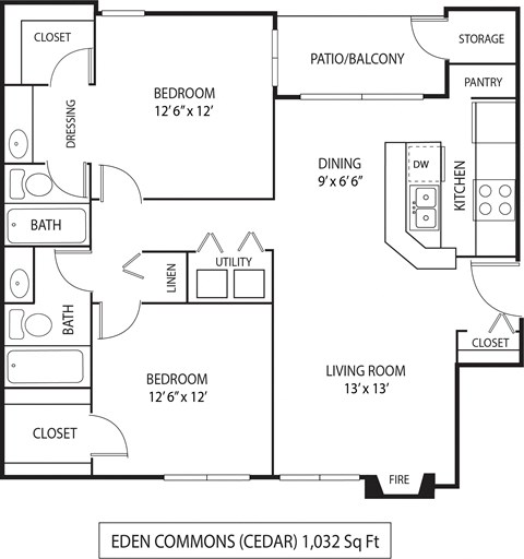 Floor plan for 2 beds, 2 baths, 1032 sqft